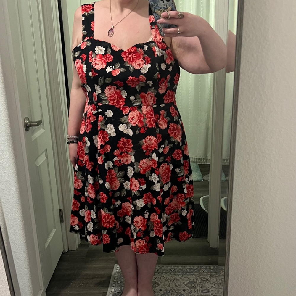 Rose Print A Line Midi Dress